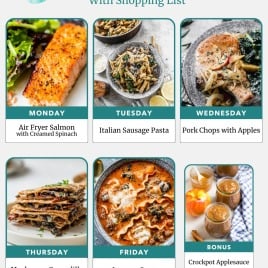 Weekly meal plan with photos of air fryer salmon, sausage pasta, pork chops, mushroom quesadilla, lasagna soup, and applesauce.