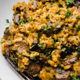 Creamy mushroom risotto in a white bowl