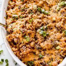 Cheesy hamburger casserole in a baking dish