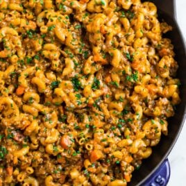 Homemade hamburger helper in a skillet