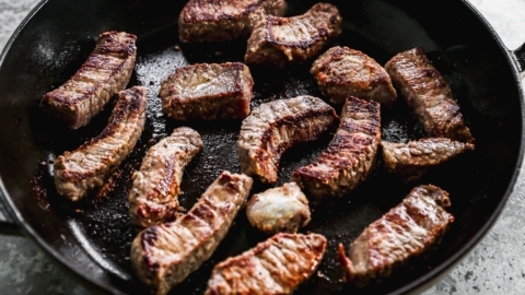 browning meat for beef stroganoff on the stove