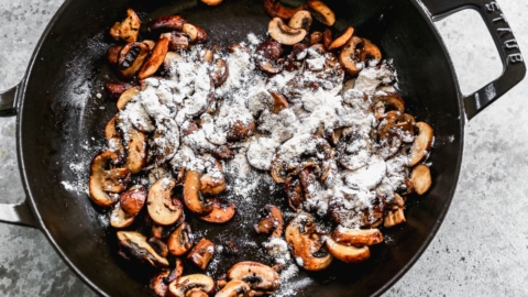 adding flour for creamy and thick beef stroganoff