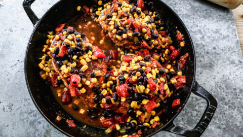 A Mexican one-pan meal in a cast iron skillet