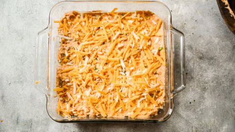 Overhead view of healthy Buffalo chicken dip before baking
