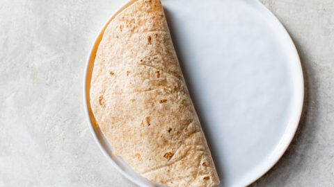 A tortilla folded in half on a plate