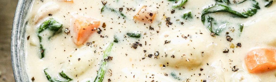 A bowl of chicken gnocchi soup with spinach