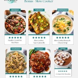A free weekly meal plan for families featuring slow cooker recipes, with images of beef stew, taco casserole, broccoli cheese soup, beef stroganoff, pork chops, and hot chocolate—each dish labeled for a day of the week.