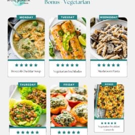A weekly, budget-friendly vegetarian meal plan for families with six tempting meal images: broccoli cheddar soup, vegetarian enchiladas, mushroom pasta, lettuce wraps, quinoa stuffed peppers, and vegetarian breakfast casserole. Free to download!.